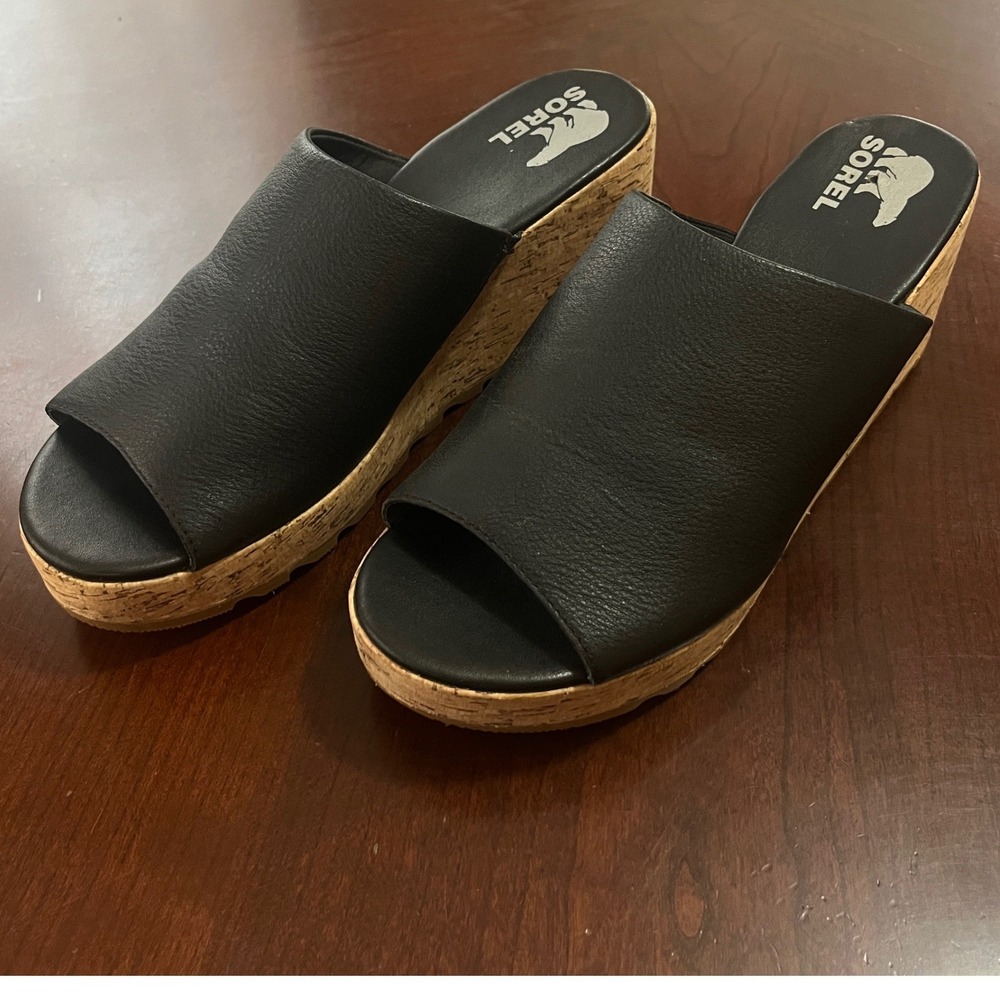 Sorel Cameron Flatform Wedge Mules Black Leather Cork Sandals NL4643-011 Size 12